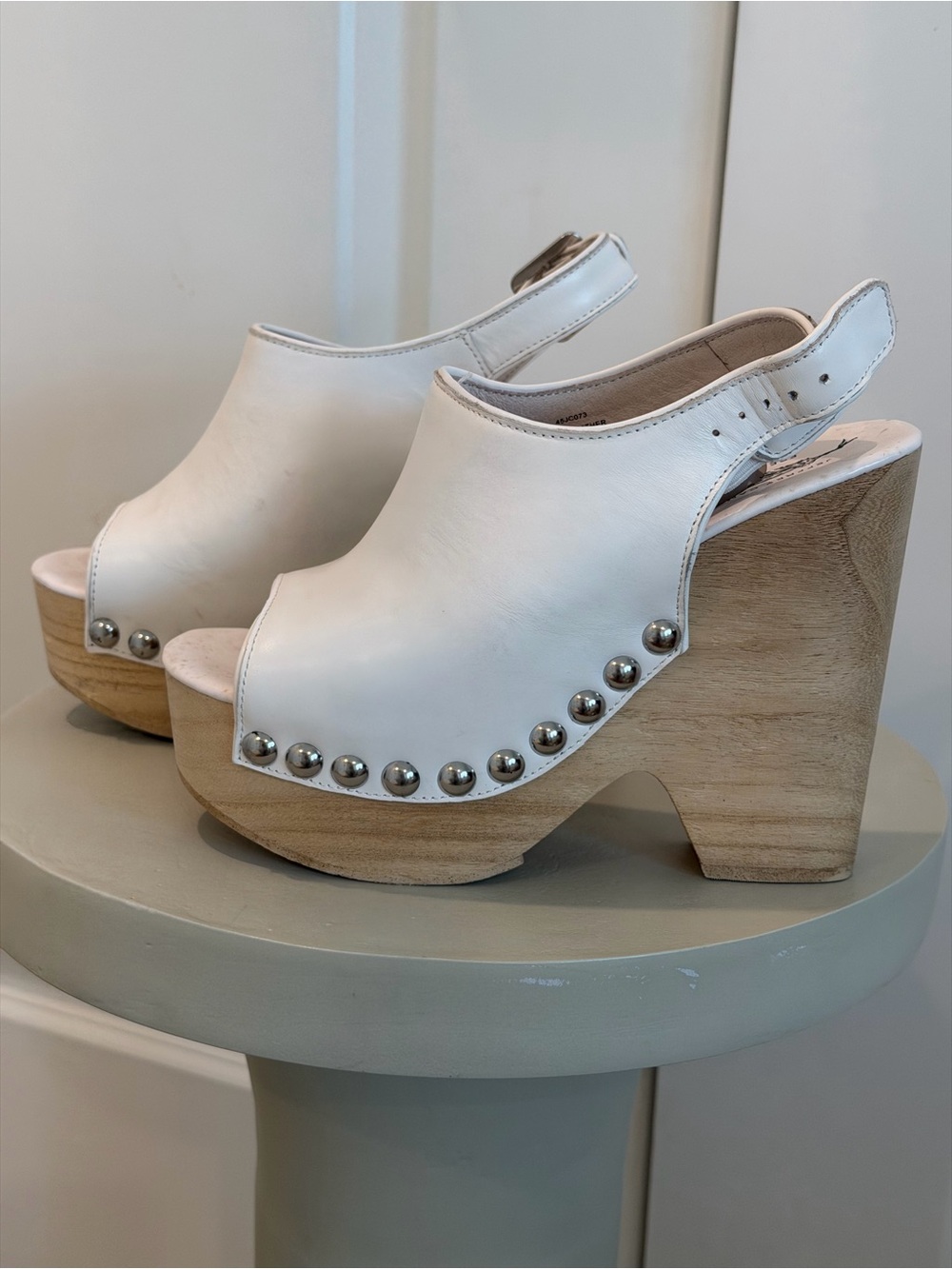 Free People White Leather Studded Wood Platform Clogs